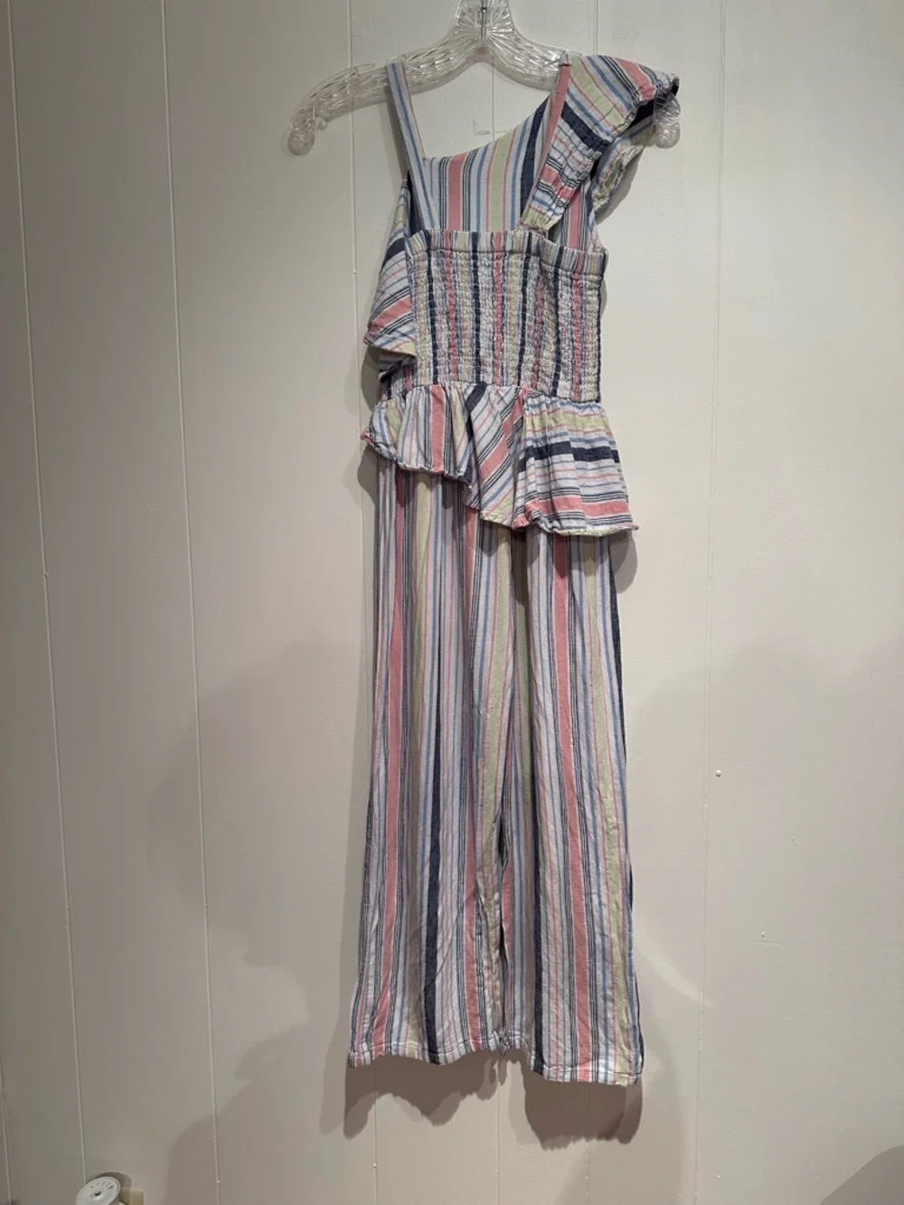 Habitual Girls Striped Jumpsuit Linen Blend Ruffle One Shoulder 10